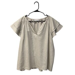 Calligraphie V-neck flutter sleeve linen blend top size 2X